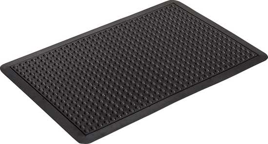 Ergo Mat 1200 x 900mm in black, featuring raised bubble texture for comfort and anti-creep feet for stability during standing work.