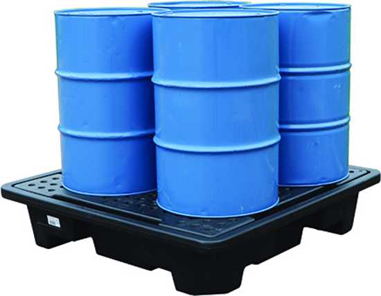 Controlco 4 Drum Spill Pallet for safe storage of up to 4 x 200L drums, featuring durable polyethylene construction and a 250L sump.