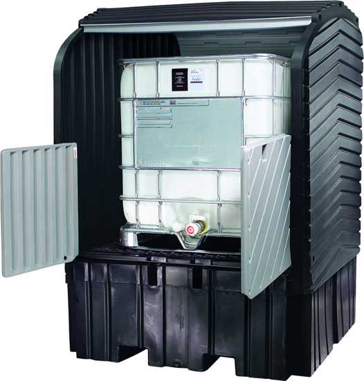 Controlco Single IBC Roll Top with lockable roof and spacious access doors, providing secure outdoor storage for chemicals.