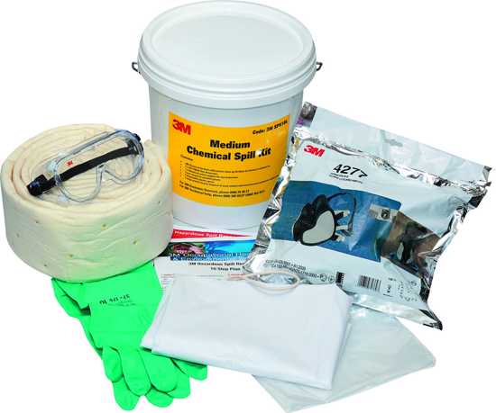 3M Chemical Sorbent Spill Kit SPK10L for quick spill response in labs; contains sorbent, respirator, gloves, goggles, and waste bag.