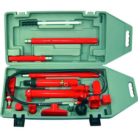 ProEquip 14pc Porta Power Kit - 10T for hydraulic lifting and repairs, featuring pump, rams, and accessories in a compact case.