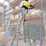 Adjustable telescopic ladder with large platform, 200Kg capacity, built-in handrail, and folds flat for easy storage.