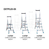 Adjustable 3-5 step telescopic platform ladder with handrail and independent stiles for safety on uneven ground.