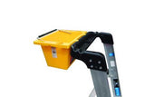 Adjustable telescopic ladder with large platform, 200kg load rating, folds flat for storage, and built-in safety handrail.