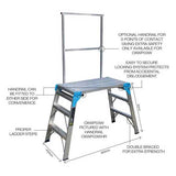 Adjustable work platform with 3 steps, 6 height settings, and a 450mm wide surface for safe tasks up to 150kg.