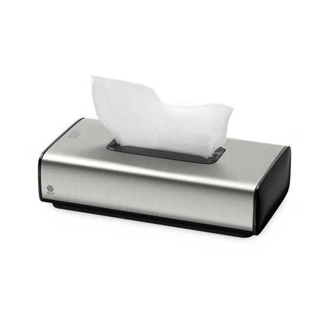 Sleek stainless steel Tork F1 Facial Tissue Dispenser with anti-fingerprint coating for hygienic, stylish washroom use.