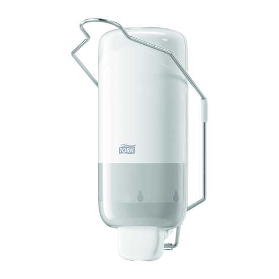 Tork S1 White Liquid Soap Dispenser with arm lever for touch-free, hygienic handwashing in high-traffic areas.