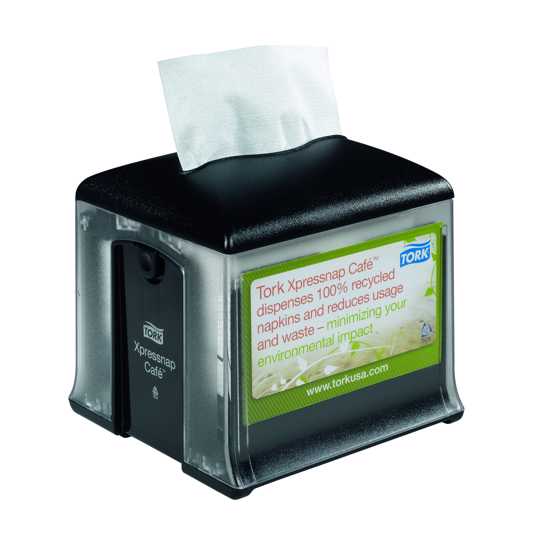 Clear and black Tork N10 Xpressnap cafe napkin dispenser, compact design with customizable AD-A-Glance® display for effective advertising.