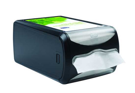 Tork Xpressnap Napkin Dispenser in clear/black, designed for efficient access and stylish organization in dining areas.