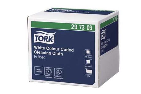 Tork Colour Coded Folded Cleaning Cloths, white, 320mm x 325mm, durable, absorbent, 100 wipes, ideal for preventing cross-contamination.