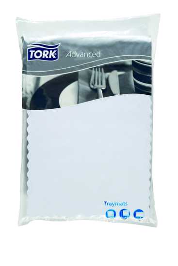 Tork Paper Traymat in white with scalloped edge, 43x30cm, embossed non-slip surface, pack of 500 for elegant dining.