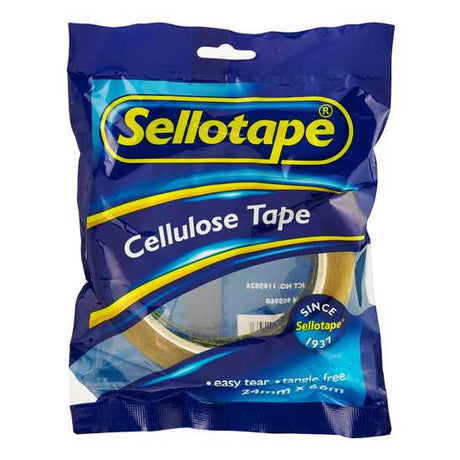 Eco-friendly Sellotape cellulose tape, 24mm x 66m, features strong adhesion and low static for easy application and cutting.