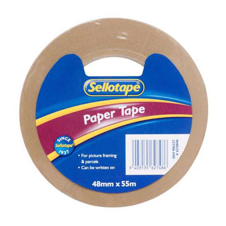 Tan flatback paper tape for crafting and packaging, 48mm x 55m, writable surface for easy labeling and durability.