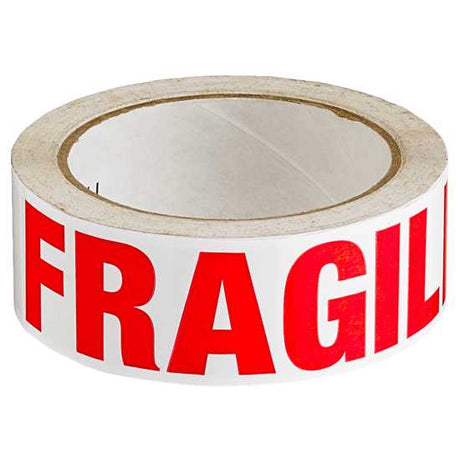 Red and white Sellotape printed fragile tape, 36mm x 66m, designed for secure packaging with high visibility.