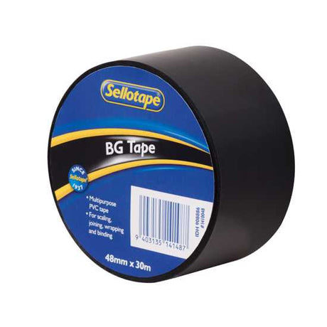 Sellotape 1410 black utility tape roll, 48mm x 30m, versatile for sealing, joining, and wrapping with strong adhesive.