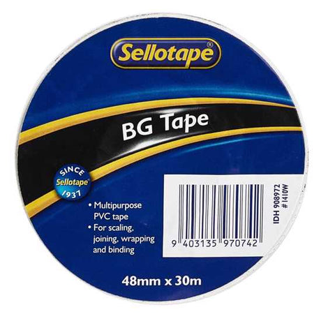 Sellotape 1410W BG Tape in white, 48mm x 30m, ideal for sealing, wrapping, and crafting with strong adhesive.