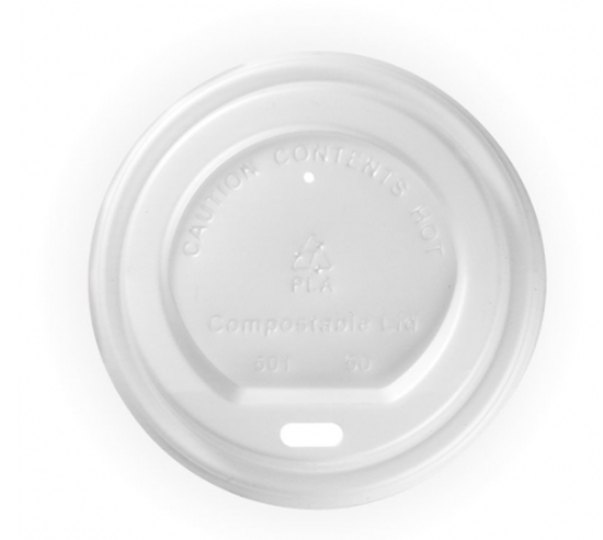 Eco-friendly Biopak PLA cup lids for 6-12oz cups, 80mm diameter, pack of 50, suitable for hot and cold beverages.