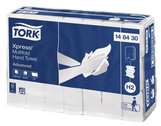 Tork H2 Xpress 1ply Advanced Multifold Paper Towels in a case of 21 packs, each with 185 sheets for efficient hand drying.