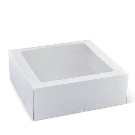 Elegant 11-inch square patisserie box with a large viewing window, perfect for showcasing cakes and pastries in white.