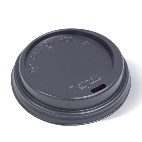 Detpak black hot cup lids for 12/16/20 oz cups, featuring spout design to minimize spills and enhance on-the-go sipping.