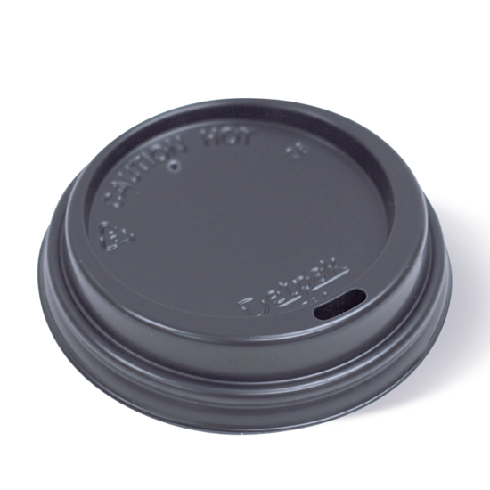 Detpak black hot cup lids for 12/16/20 oz cups, featuring spout design to minimize spills and enhance on-the-go sipping.