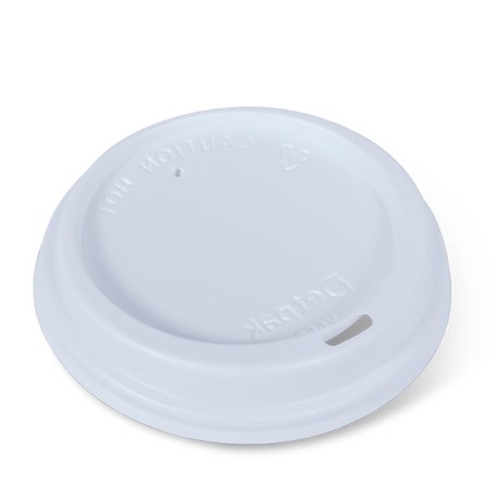 White Detpak hot cup lid pack for 12/16/20oz cups, designed for easy sipping and leak-proof performance.