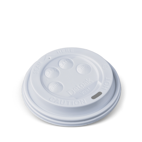 Detpak Hot Cup Lids - 80mm white button lids for secure, spill-proof sipping of hot beverages, 100 per pack.