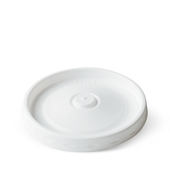 Detpak white hot cup lid for 8, 12, and 16 oz cups, made of polystyrene with steam vent, packaged in a 500-case.