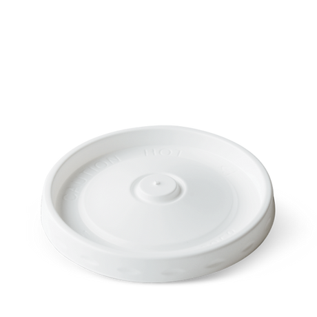 Detpak white hot cup lid for 8, 12, and 16 oz cups, made of polystyrene with steam vent, packaged in a 500-case.