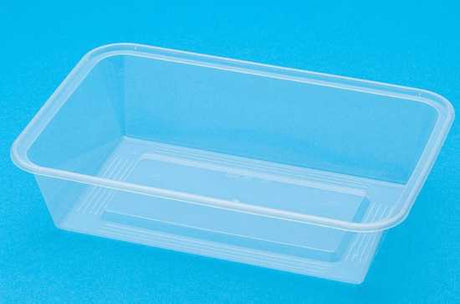 Wide base rectangular food tray in black, 980ml capacity, ideal for serving and reheating meals; microwave safe.