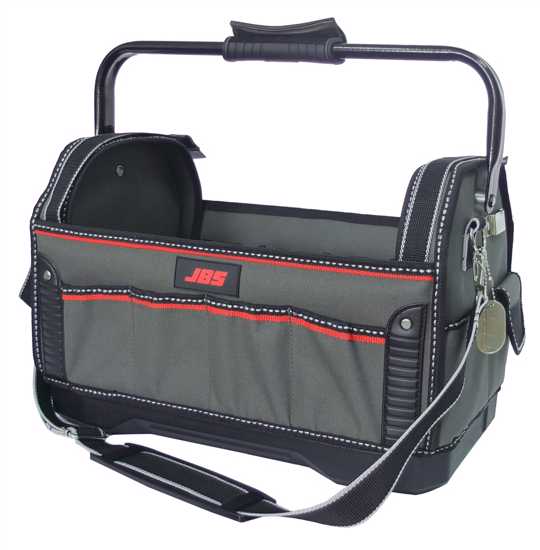 JBS Tool Tote Open Top with 20 pockets, collapsible handle, and durable base, ideal for efficient tool organization.