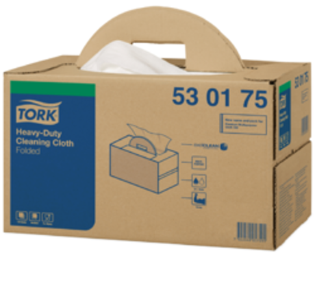 Tork W7 Heavy Duty Folded Cleaning Cloth in white, 38x64 cm, designed for robust cleaning with high absorbency and durability.