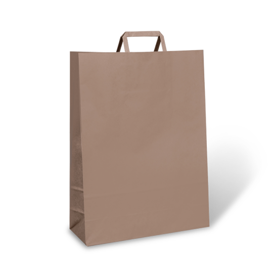 Large brown flat fold handle bag, 320 x 110 x 420mm, eco-friendly, holds up to 10kg, reusable and ideal for retail.