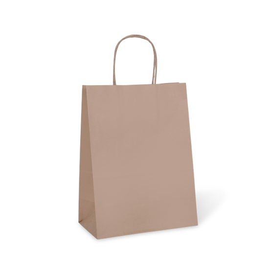 Small brown paper bag with twist handles, perfect for boutiques and gifts, eco-friendly and recyclable, 250 bags per case.