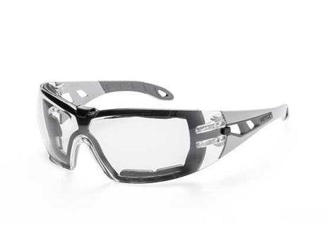 Lightweight uvex pheos Clear safety glasses with anti-fog coating, ideal for mining and construction environments.