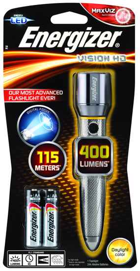 High-performance Energizer Vision Metal HD flashlight, 400 lumens, 115m beam, 21-hour runtime, weatherproof, 3 modes.