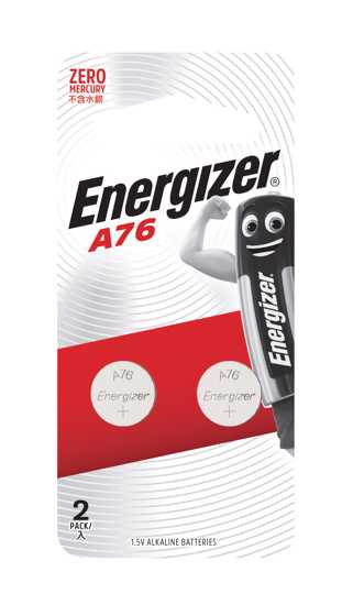 Energizer A76 2pk alkaline batteries, mercury-free, for powering keyless entry and high-performance electronics.