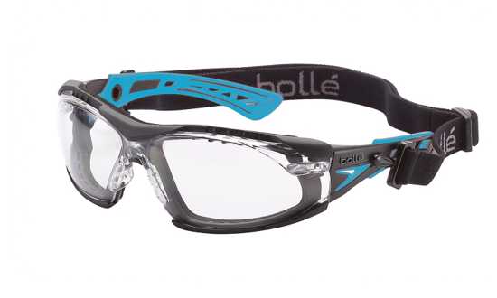 Bolle Rush+ Small Seal Safety Glasses: sporty blue/black frame with clear polycarbonate lenses, 99.99% UV protection, customizable fit.