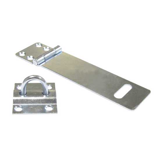 Durable 200mm zinc plated steel hasp and staple, ideal for securing gates and storage with included screws for easy installation.