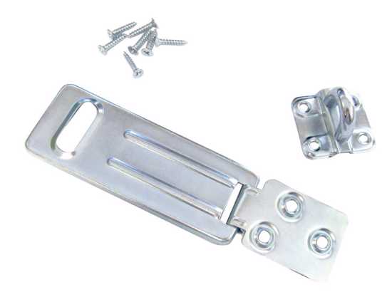 Gartner Hasp & Staple Security 150mm in bright zinc plated steel for robust protection of doors and gates, includes screws.
