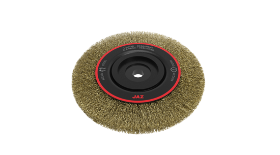 JAZ Wide Face Wire Wheel 250x35mm for cleaning, polishing, and surface prep, with multi-fitting adaptor and high RPM compatibility.