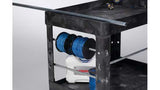 Heavy-duty black utility cart with lipped shelves, ergonomic handle, and large wheels for easy transport of up to 226 kgs.