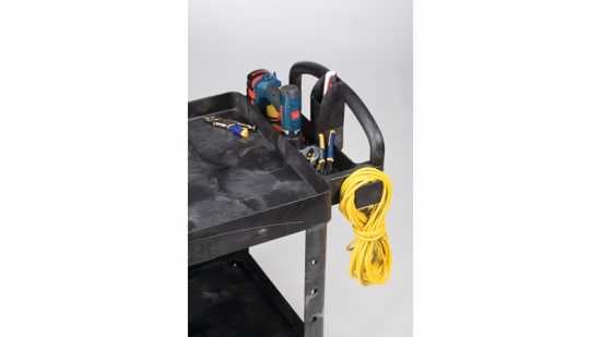 Heavy-duty black utility cart with ergonomic handle, 226 kg capacity, lipped shelves, and swivel casters for easy transport.