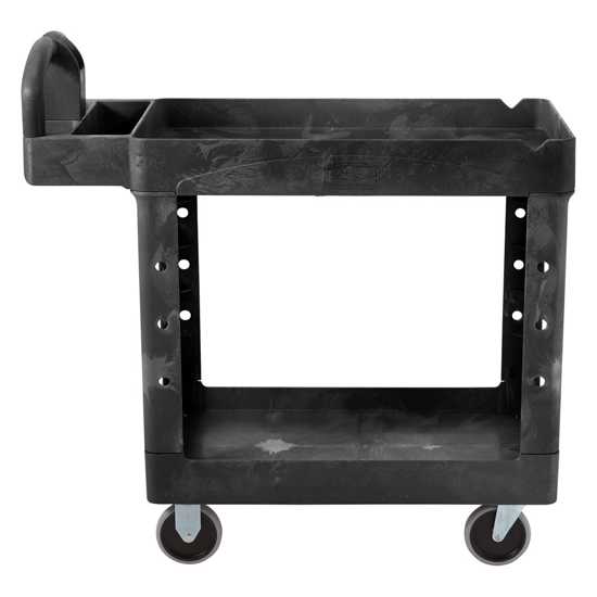 Durable black Rubbermaid utility cart with 2 deep lipped shelves, 226 kg capacity, and 5" swivel casters for easy maneuvering.