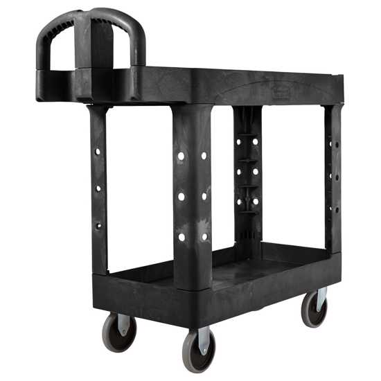 Rubbermaid small utility cart with durable foam, 2 lipped shelves, 226 kg capacity, and 5" swivel casters for easy mobility.