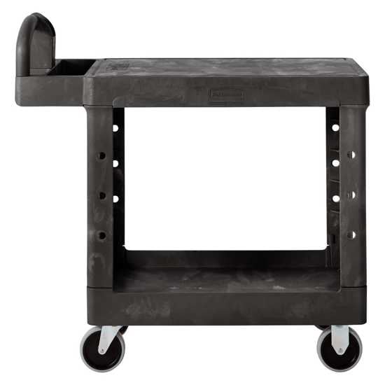 Rubbermaid Heavy Duty Black Flat Shelf Cart-Small with high-density foam, 226 kg capacity, rounded corners, and 5" non-marking casters.