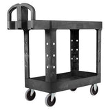 Heavy-duty black flat shelf cart with 226 kg capacity, non-marking casters, and molded storage for easy transportation.