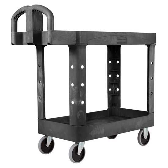 Heavy-duty black flat shelf cart with 226 kg capacity, non-marking casters, and molded storage for easy transportation.