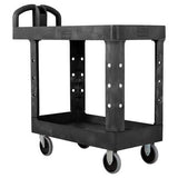 Heavy-duty black flat shelf cart with 226 kg capacity, non-marking casters, and storage compartments for efficient transport.