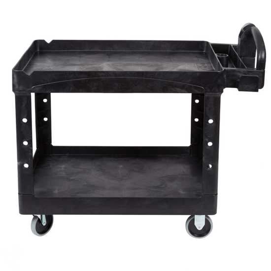 Rubbermaid Heavy Duty Black Utility Cart with ergonomic handle, lipped shelves, and 5" swivel casters, supports 226 kgs.